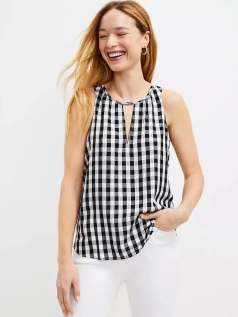 LOFT RetroGingham Tie Back Keyhole Top Women’s Black White Plaid Top Size Small